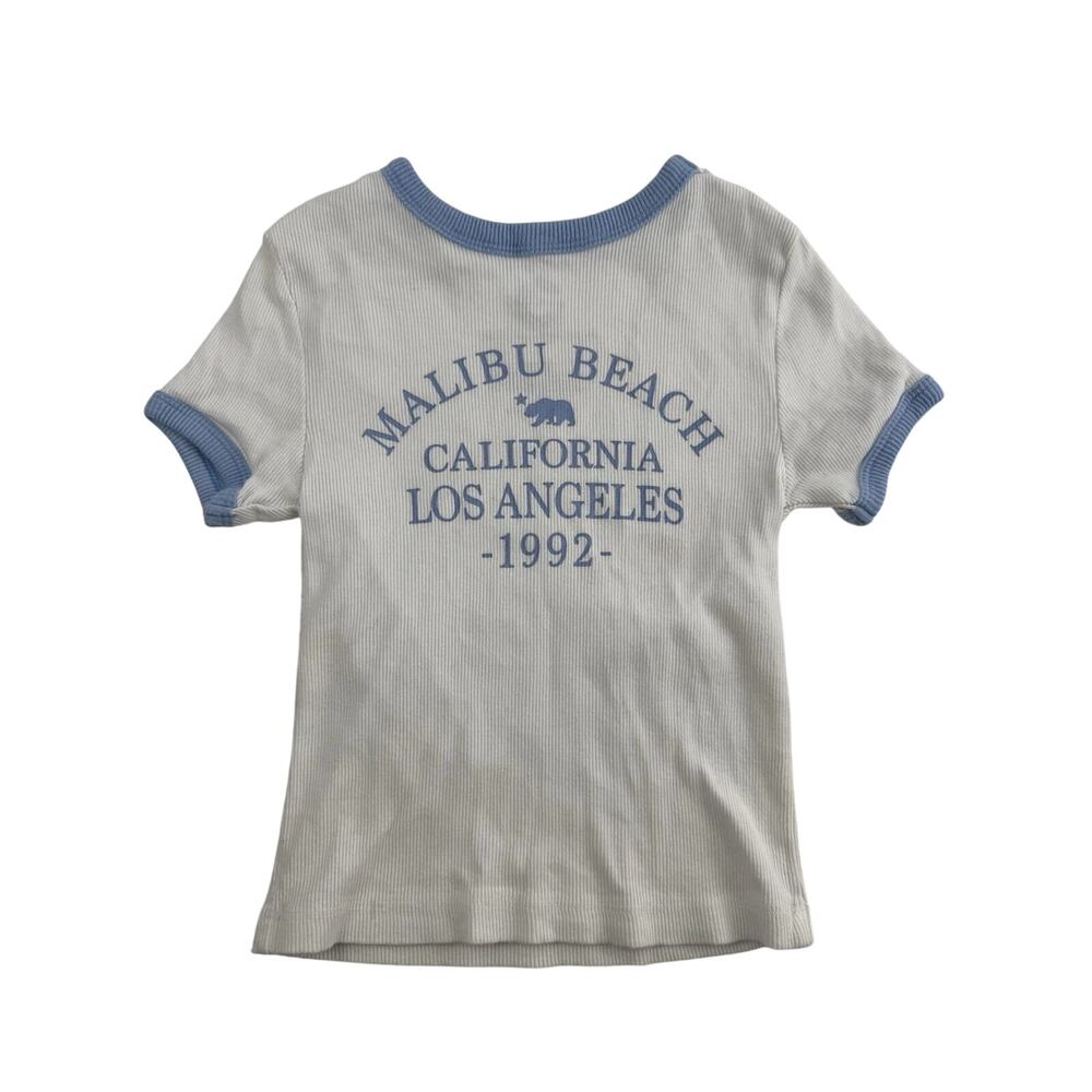 NWOT Social Culture Malibu Beach White Blue Ribbed Top Women's Size Large